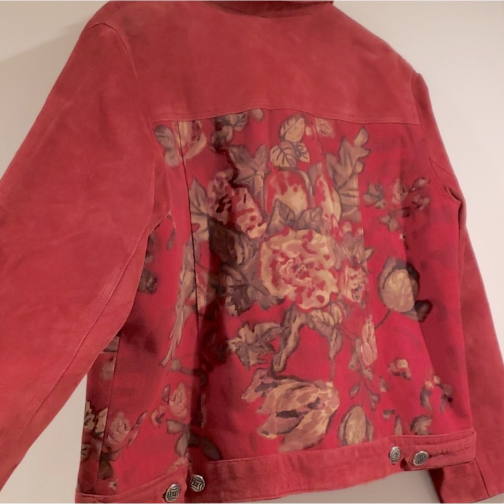 Chico’s Vtg Burgundy Red Western Suede Leather Retro Floral Biker Jacket Size S